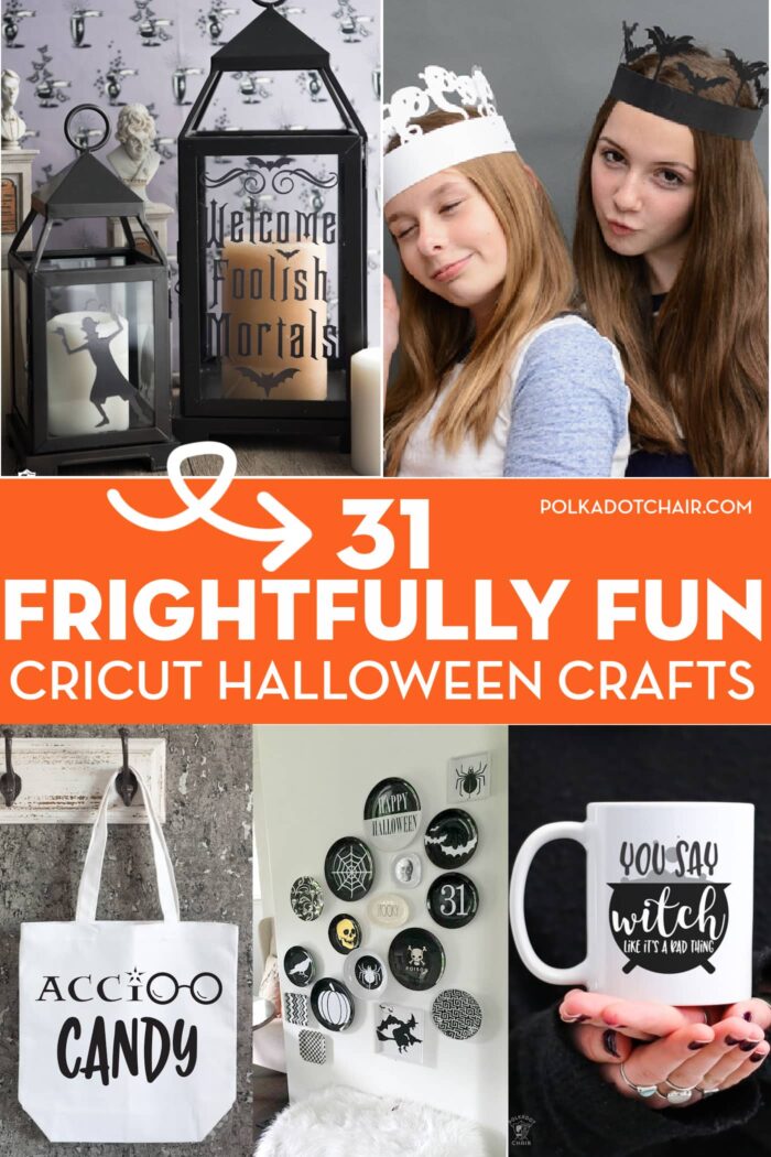 collage image with cricut halloween crafts and overlay text