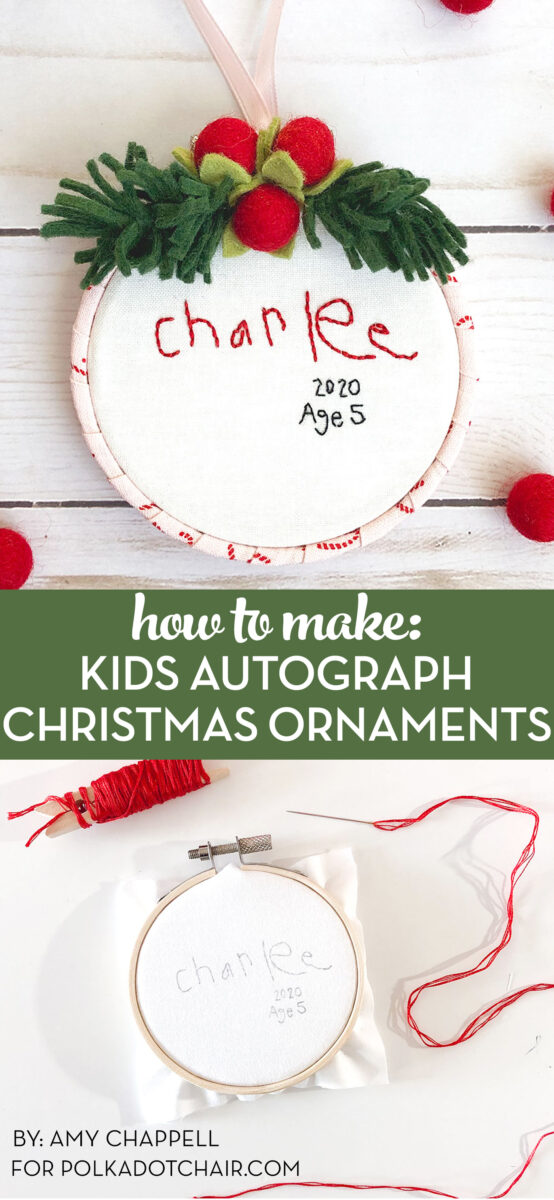 hand embroidered christmas ornaments with childrens names on white wood table