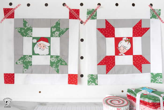 red and green christmas quilt blocks on peg board
