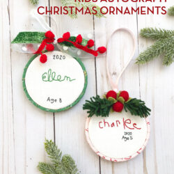 hand embroidered christmas ornaments with childrens names on white wood table