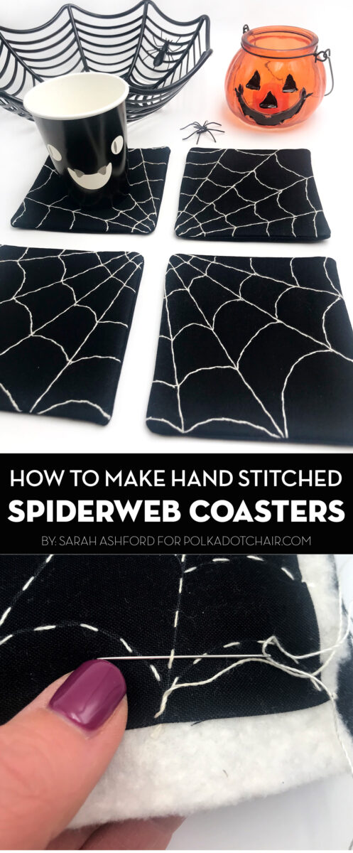 4 black and white spiderweb coasters on white table with halloween props