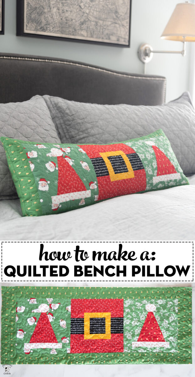 quilted christmas pillow on gray bed