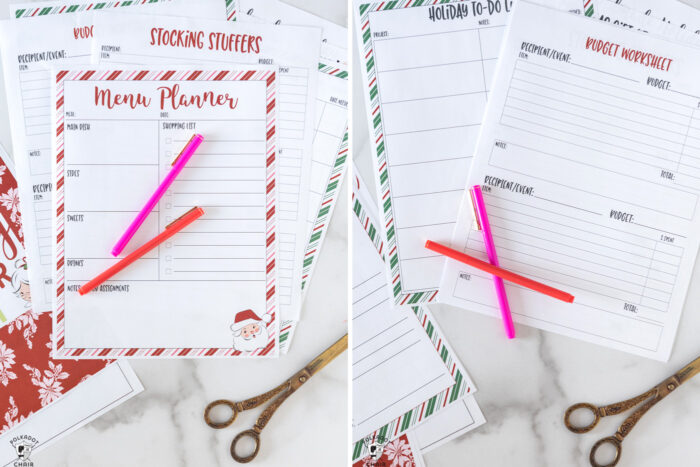 printed pages of Christmas planner on white table with pens