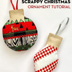 Finished scrappy Christmas ornament in red and green on white table