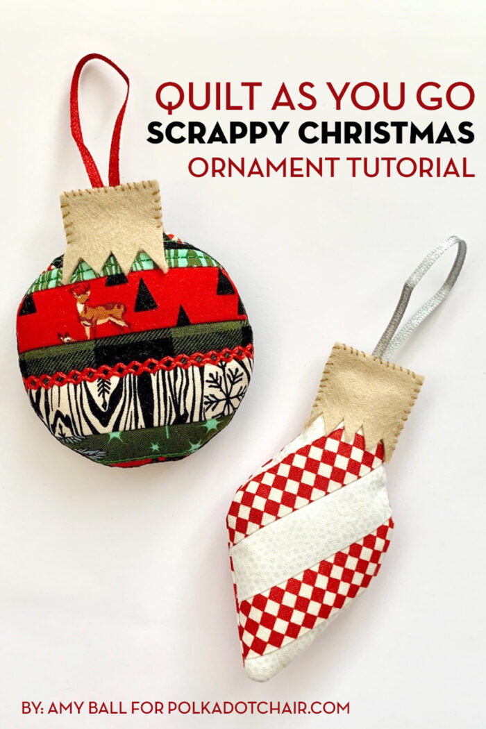 Finished scrappy Christmas ornament in red and green on white table