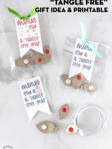 gift bags with cord snaps and tags on white marble table