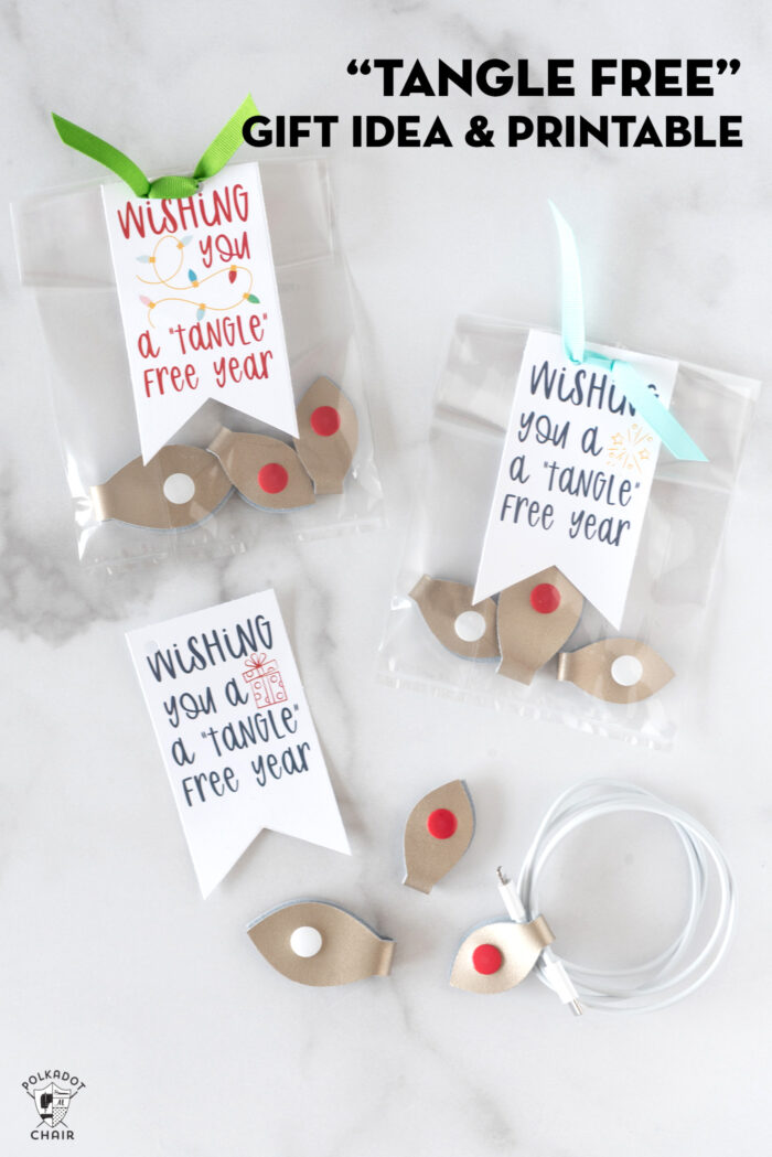 gift bags with cord snaps and tags on white marble table