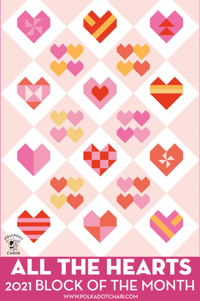 Diagram of heart quilt in pinks and oranges