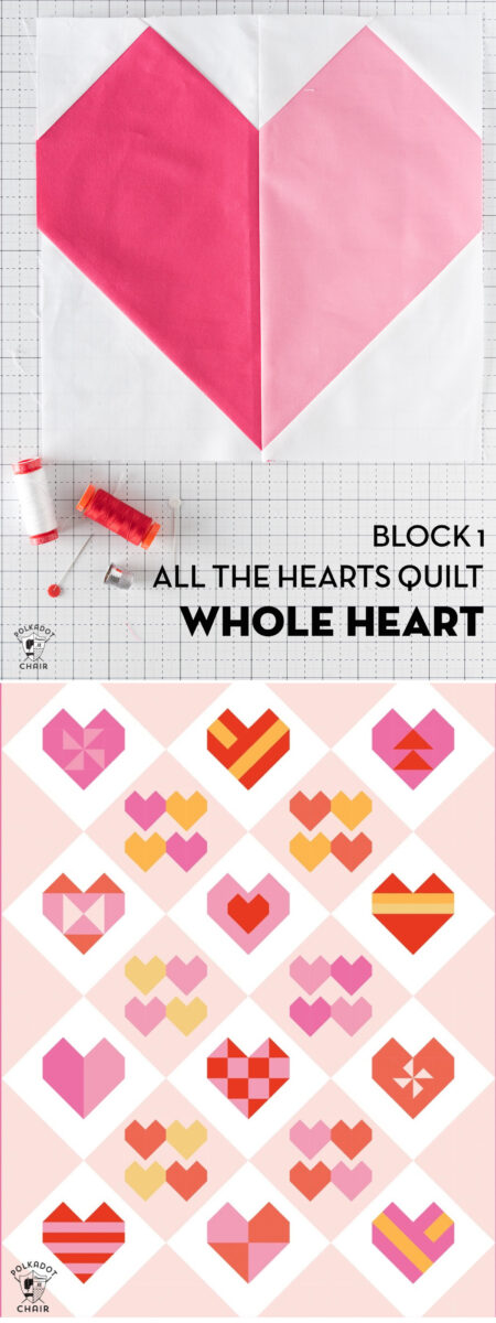 Pink and white heart quilt block on white cutting mat