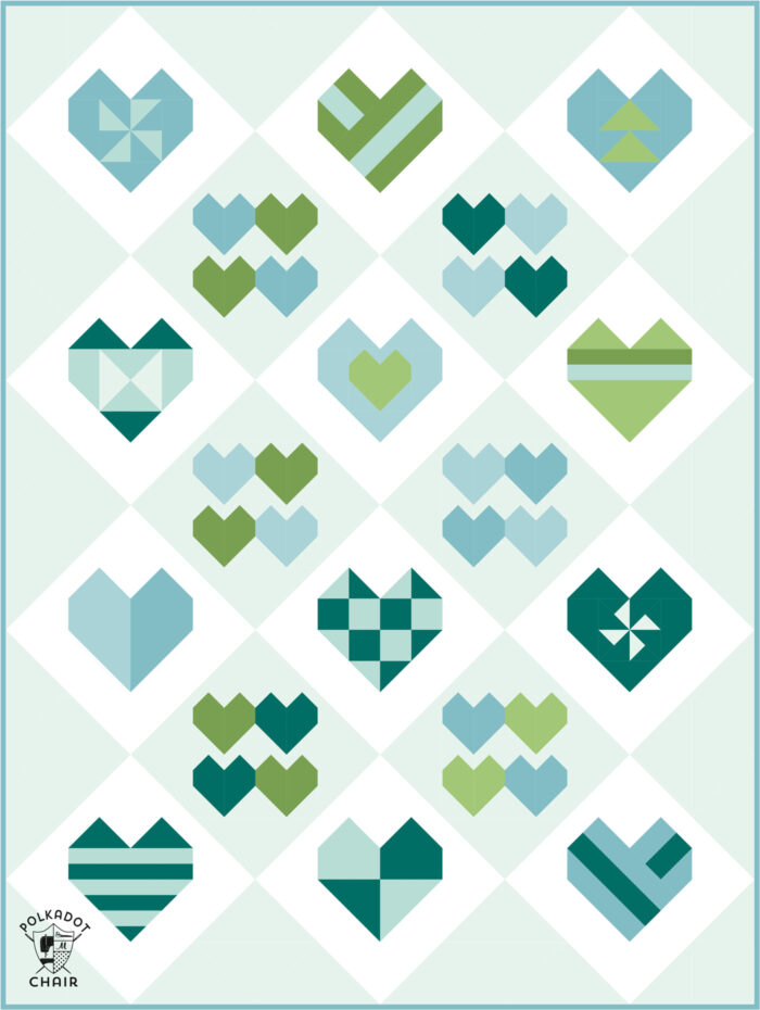 Diagram of heart quilt in blues and greens