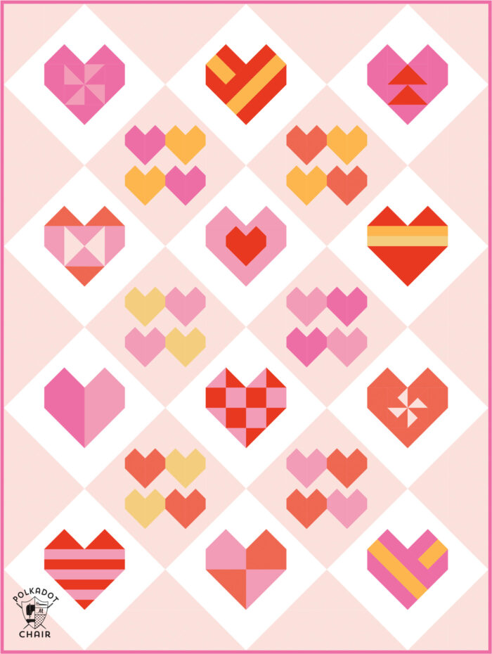 Diagram of heart quilt in pinks and oranges