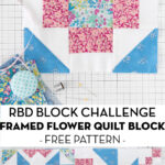 blue pink and floral quilt block on white cutting mat