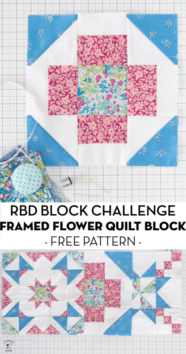 blue pink and floral quilt block on white cutting mat