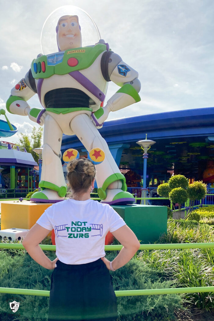 girl standing in front of ride at disneyworld