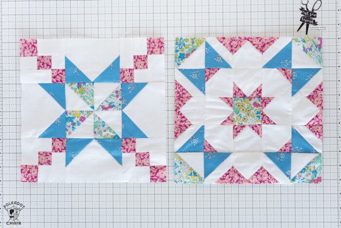 Blue, white and pink quilt blocks on white cutting mat