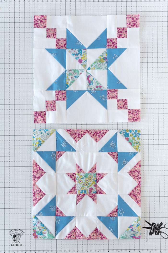 Blue, white and pink quilt blocks on white cutting mat