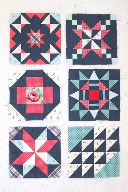 red, white and blue fabrics stitched into quilt blocks