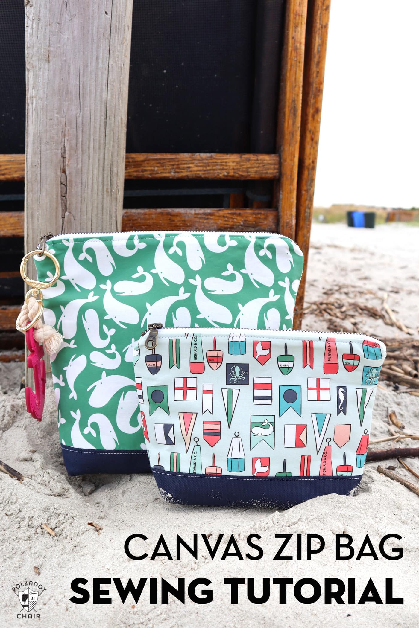 two nautical zip bags on beach