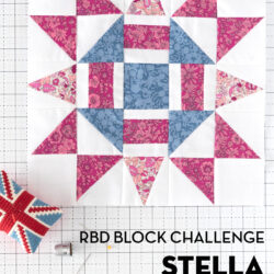 blue pink and white quilt block on white cutting mat
