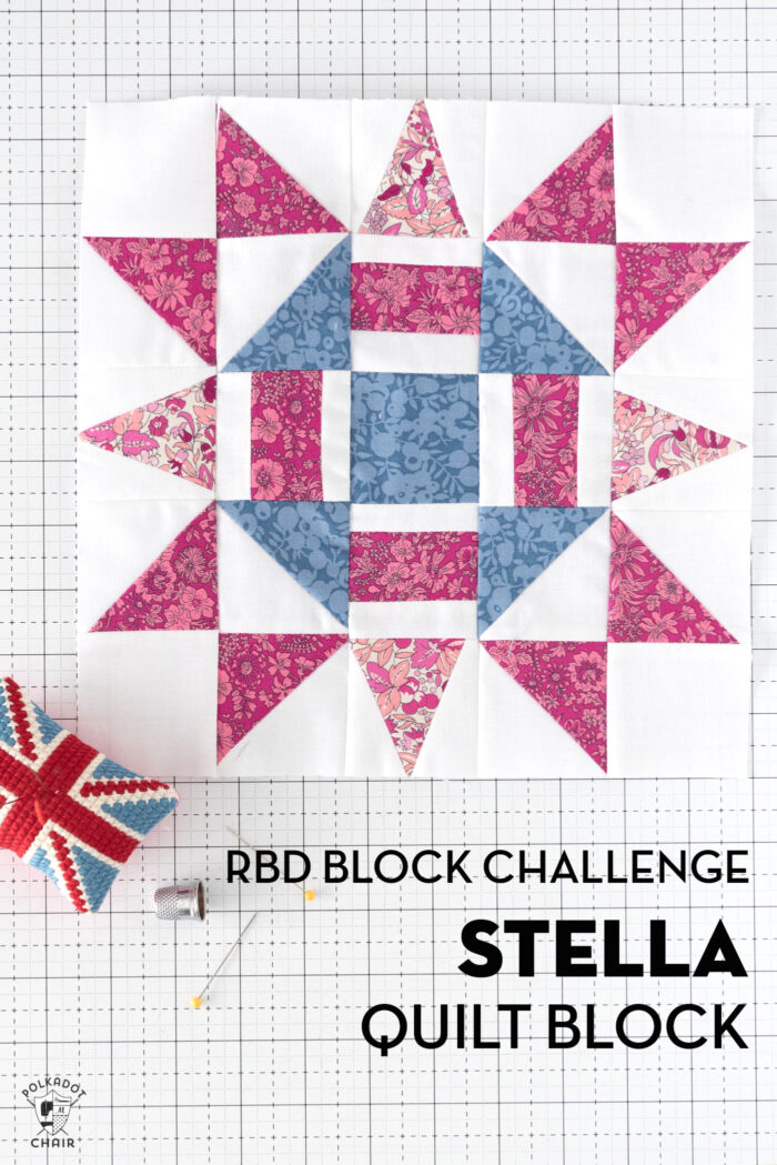 blue pink and white quilt block on white cutting mat