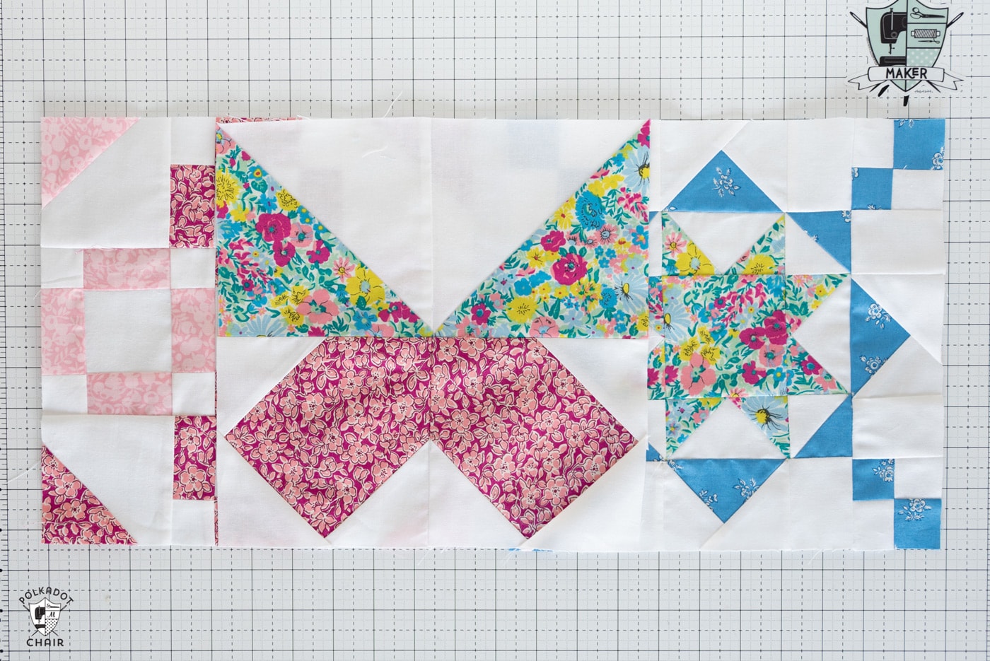 three colorful pieced quilt blocks on white cutting mat