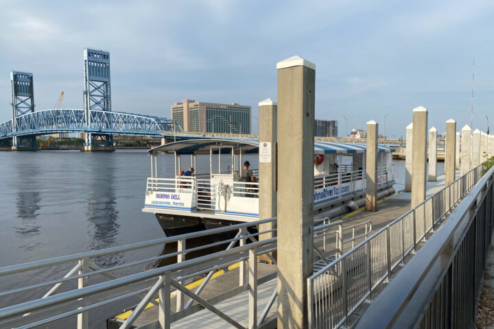 photo of boat parked at dock in Jacksonville downtown. 