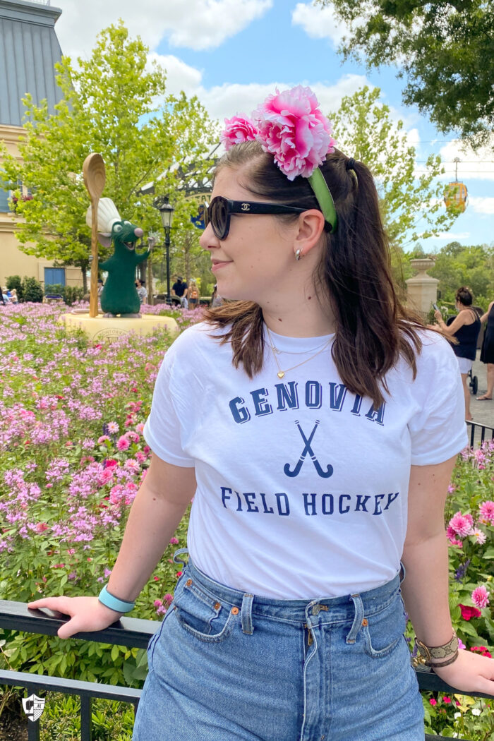girl in front of flower field at Epcot