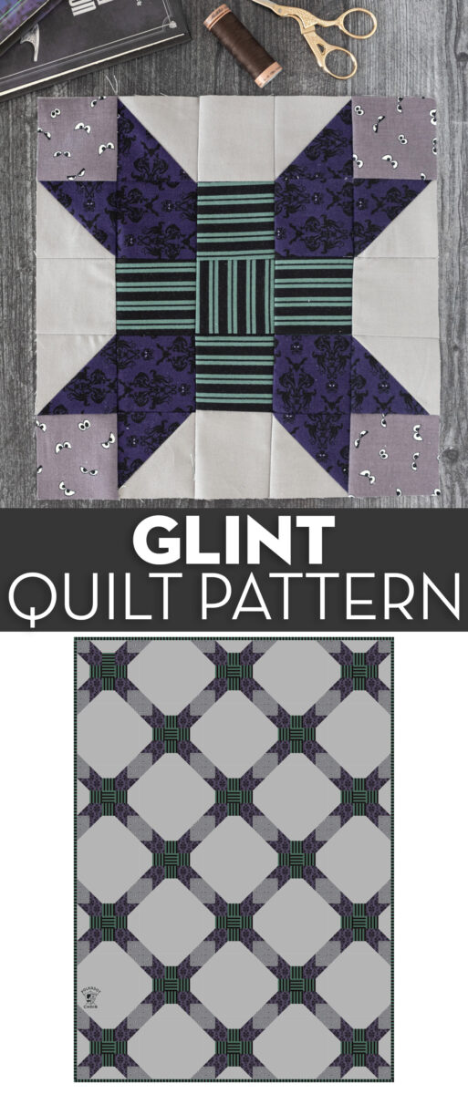 gray and green quilt block on gray table with sewing notions