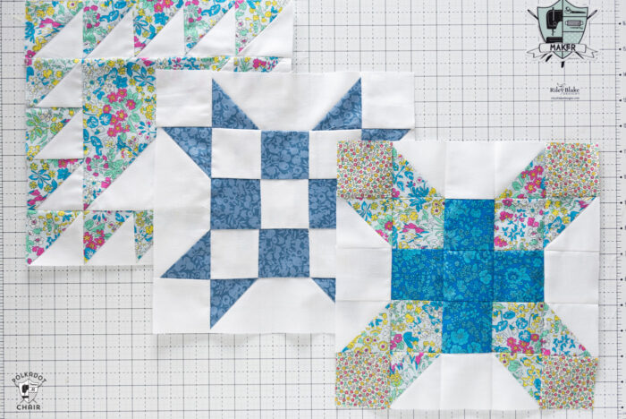 3 quilt blocks on white cutting mat