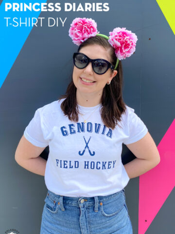 girl in white tee with genovia shirt in front of navy wall