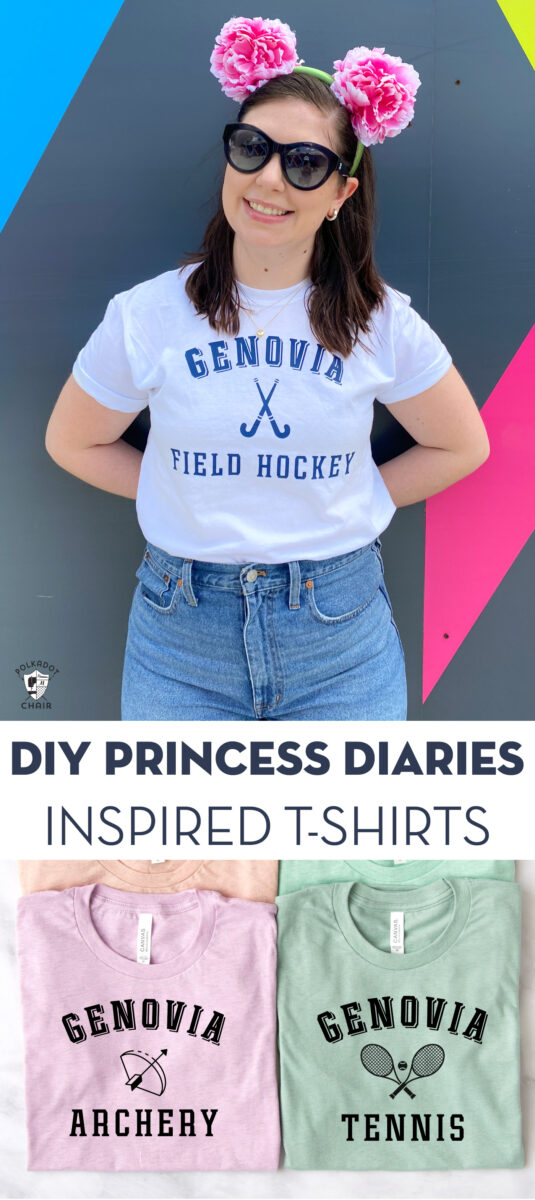girl in white tee with genovia shirt in front of navy wall