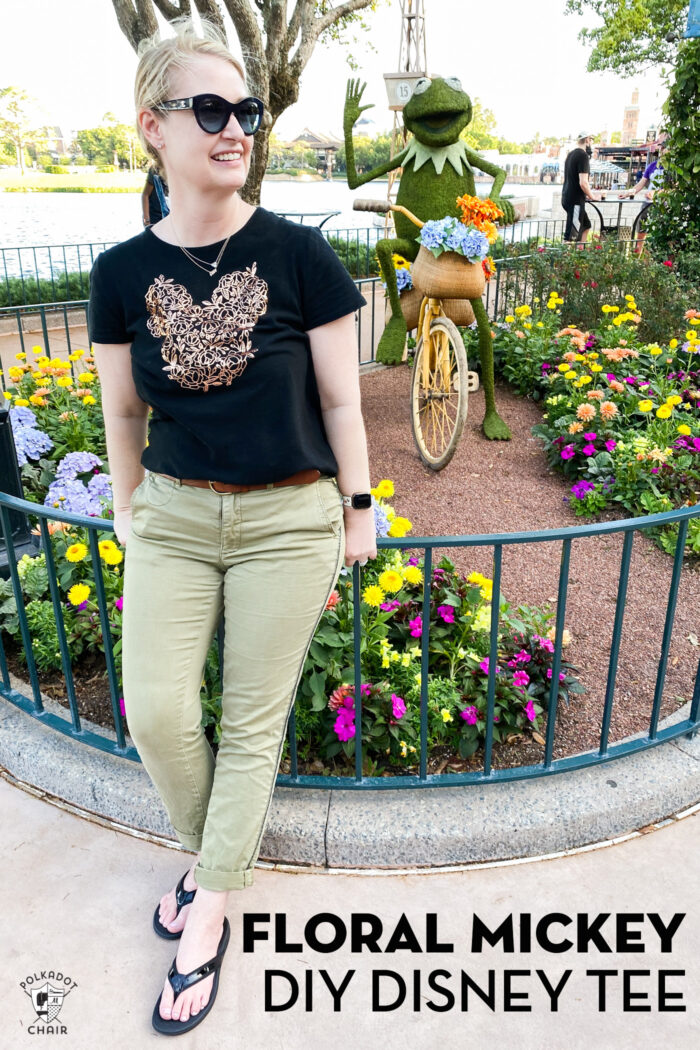 woman wearing floral mickey tee