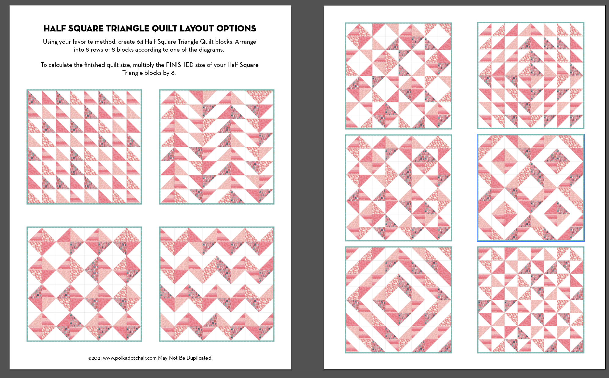 screenshot of coral and white triangle quilt patterns
