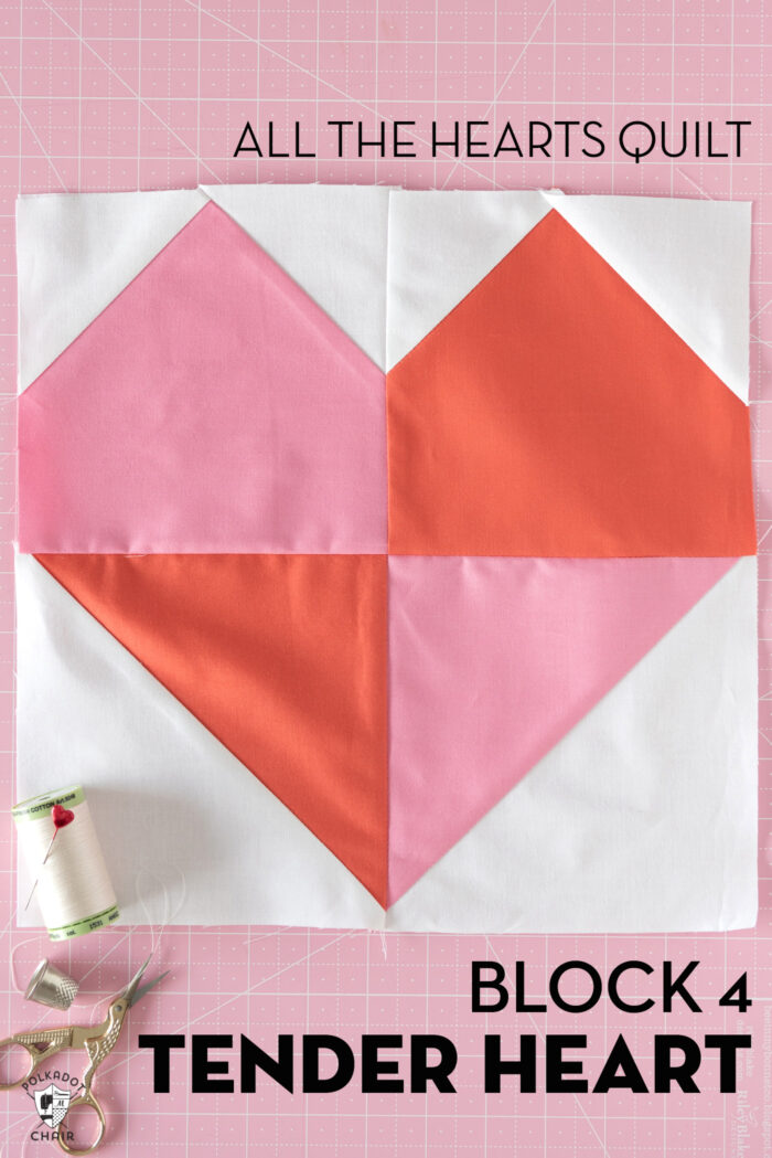 red, white and pink quilt block on cutting mat