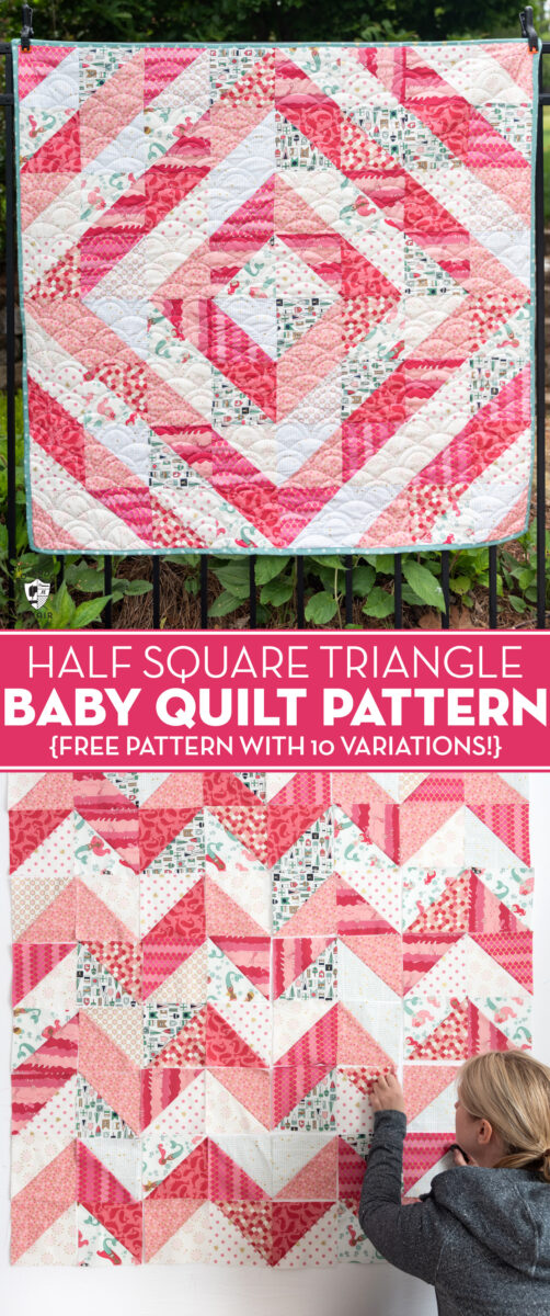 coral and white baby quilt hanging on fence