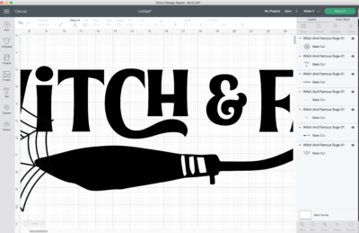 screenshot from Cricut design space of the witch and famous SVG file being cut out