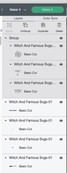 screenshot from Cricut design space of the witch and famous SVG file being cut out