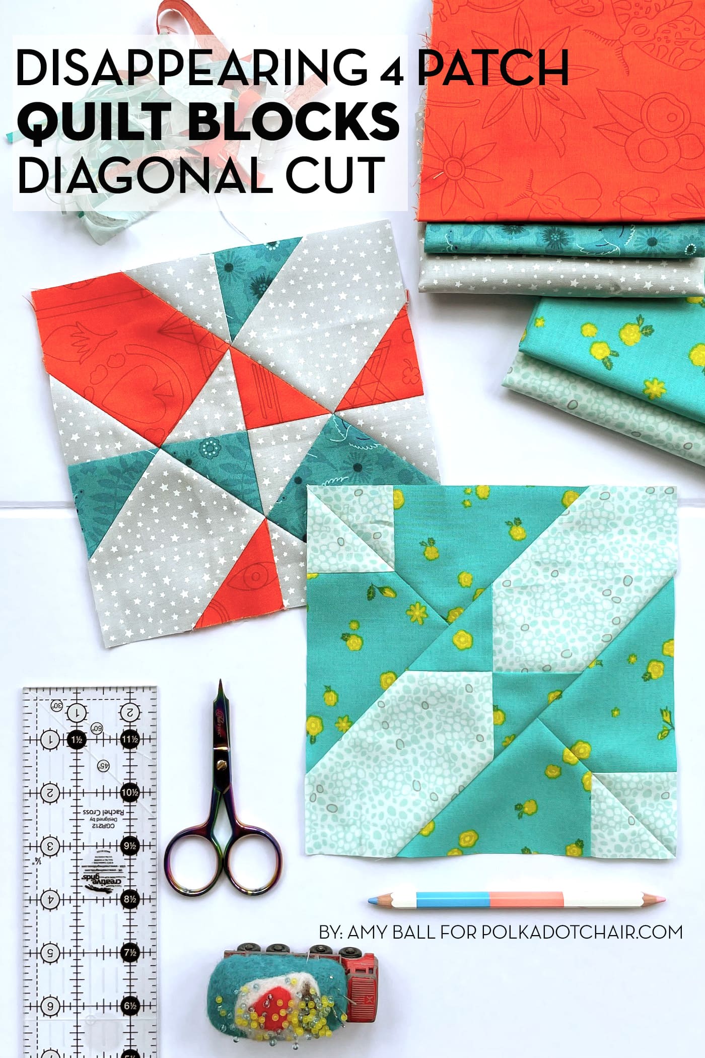 Diagonal Cut Disappearing 4 Patch Quilt Block Tutorial Polka Dot Chair