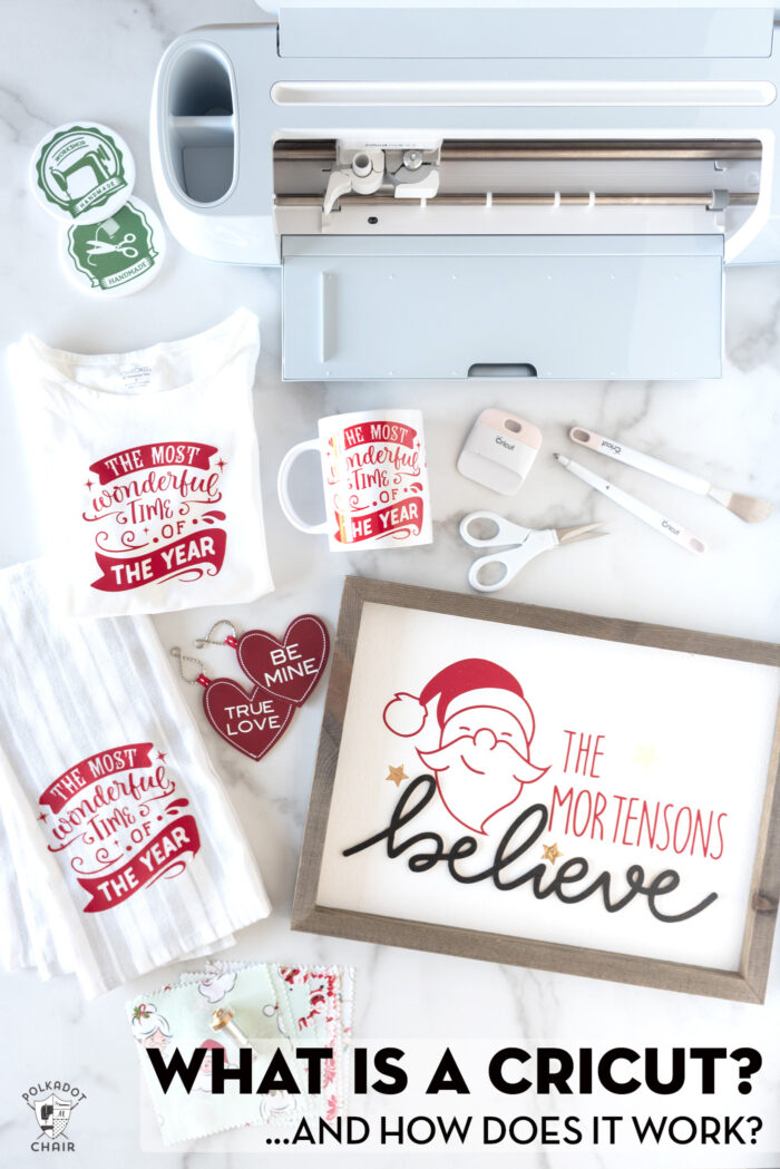 Image of Cricut Maker 3 on white table with various items made with a Cricut including coasters, t-shirts, and dish towels