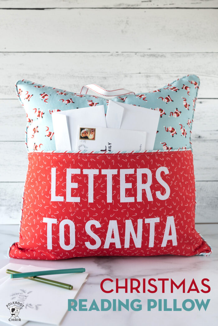 red and turquoise reading pillow on white background with "letters to santa" lettering on front