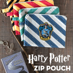 colorful striped zip pouches on wood table with harry potter book