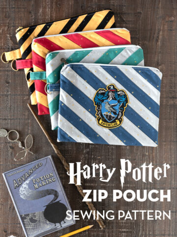 colorful striped zip pouches on wood table with harry potter book