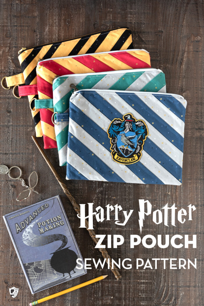 colorful striped zip pouches on wood table with harry potter book