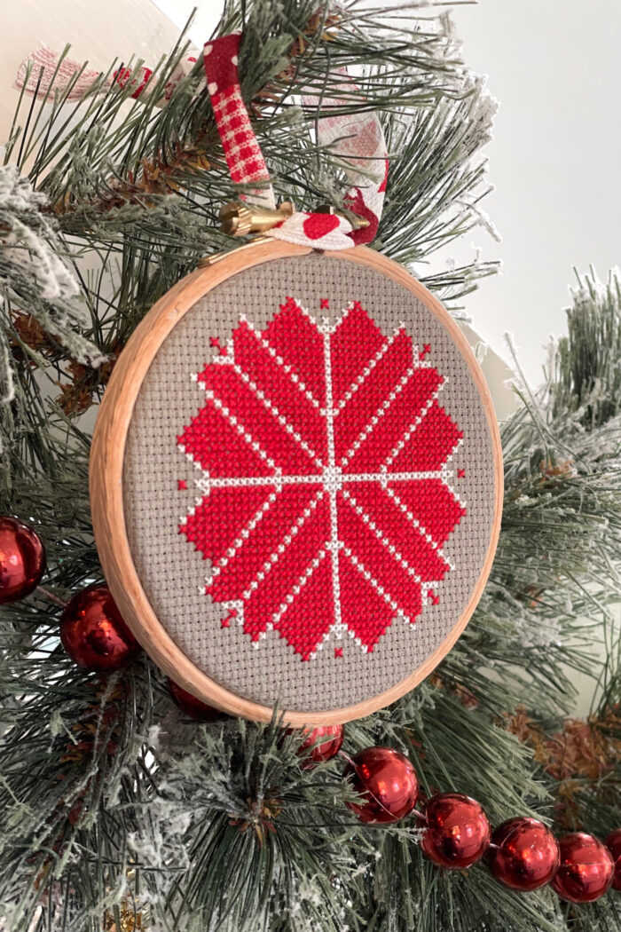 red, white and gray christmas ornament hanging on christmas tree