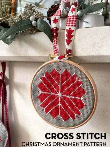 red, white and gray christmas ornament hanging on fireplace mantle