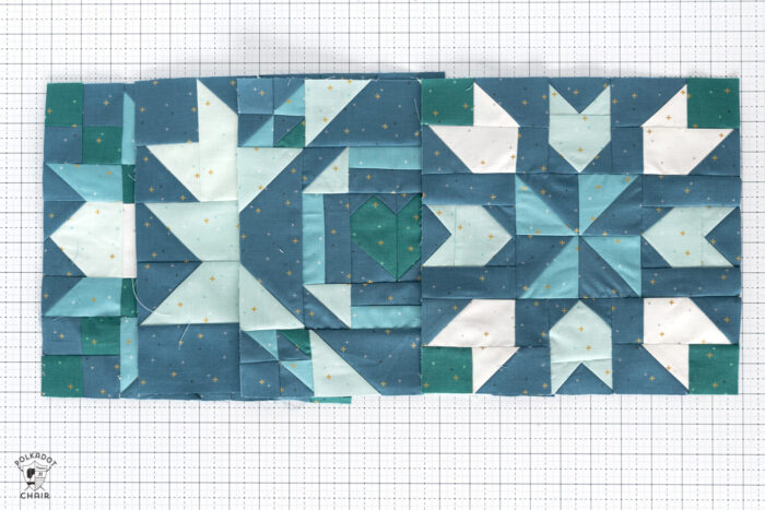 blue and white quilt block on white cutting mat
