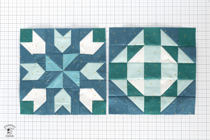 blue and white quilt block on white cutting mat