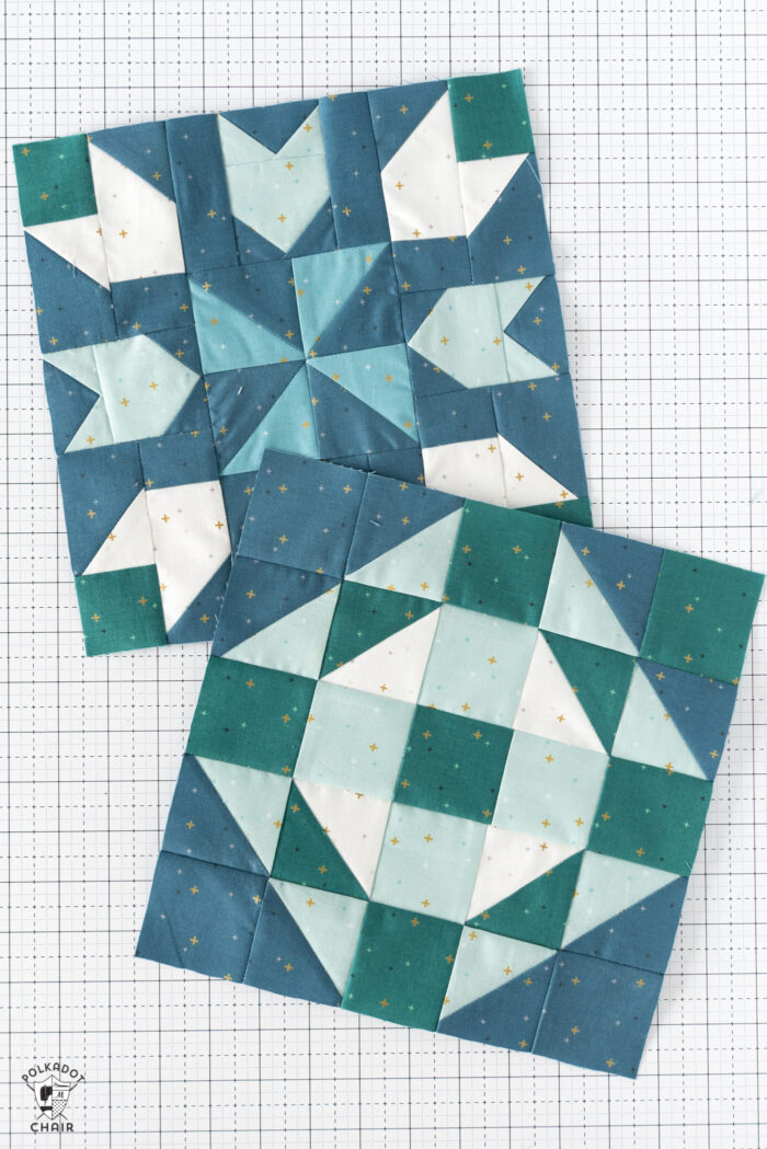 blue and white quilt block on white cutting mat