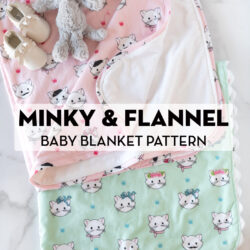 pink and mint flannel blankets on white table top with small toy cat