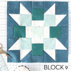 blue and aqua quilt block on white cutting mat